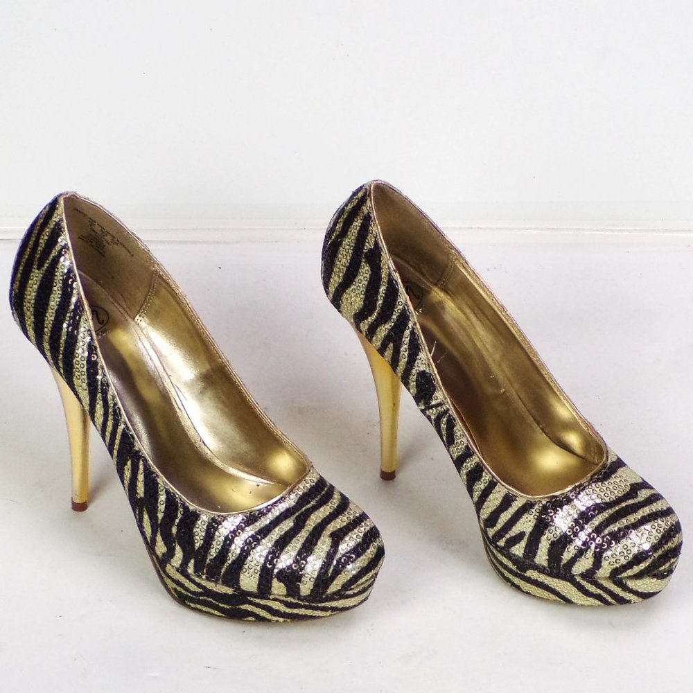 SM NEW YORK size 8 tiger-striped purple/gold ultra-high-heel platform pumps